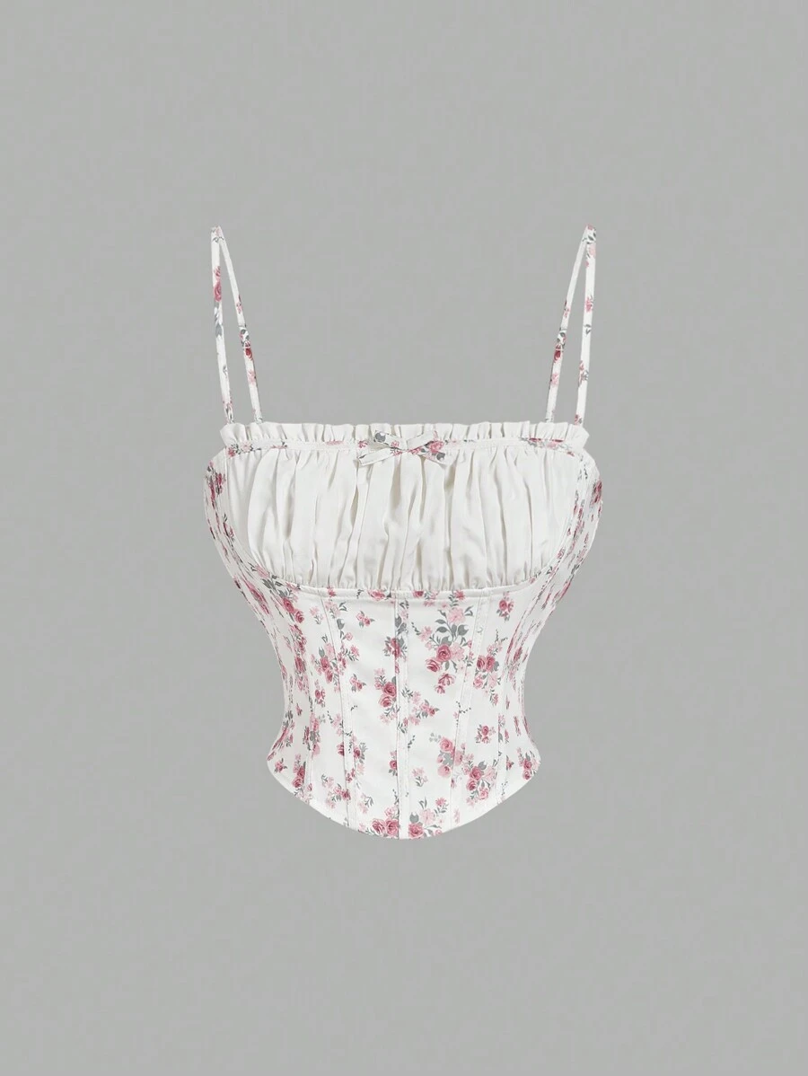 SHEIN MOD 褶皱前片拼色碎花浪漫背心细肩带上衣，情人节背心细肩带上衣，度假背心细肩带上衣，女士春季约会装，束腰背心细肩带上衣，女士派对装，波西米亚风女装