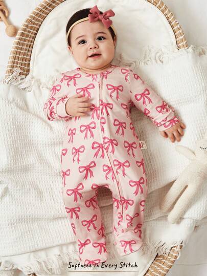 Cozy Pixies Newborn Baby Girl Cute Bow Print Soft Knit Casual Romper With Long Sleeves And Footie, Soft & Comfortable, Suitable For Valentine's Day Outfit And Gift