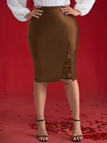 EMERY ROSE Weihnachtsrock in Große Größen, Lederrock Weihnachtskleidung für Frauen, einfarbig Spitzen Patchwork eleganter Bleistiftrock, geeignet für die Arbeit, Winterkleidung für Frauen