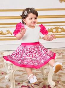 SHEIN Babygirl 花卉图案无袖上衣和迷你裙套装，夏季度假装 - 玫紅色 - 查看 5