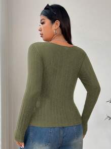 SHEIN EZwear Plus Size Women's School Casual Basic Crew Neck Long Sleeve Knit T-Shirt, Elastic And Soft Fabric Suitable For Everyday Wear, Yoga, Indoor And Outdoor, Military Green