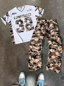 Manfinity LEGND 2 Pieces Plus Size Men's Casual Round Neck Short Sleeve Printed Top And Pants Set - Multicolor - View 4