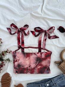 Soleia Vacation Women's Retro Floral Print Gathered Shoulder Tie Bowknot Cropped Tank Top,Valentine's Day,Summer For Women,Beach For Woman,Mardi Gras,Western Wear Woman,Birthday For Women,Crop Top Woman