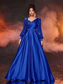Glamrae Váy Maxi Satin Vá Đính Hạt Dài Tay Thanh Lịch Với Thắt Lưng Có Thể Tháo Rời, Váy Dự Tiệc Cưới, Thích Hợp Cho Đám Cưới, Tiệc Tùng, Kỳ Nghỉ, Tốt Nghiệp, Dạ Hội, Mẹ Cô Dâu, Váy Trang Trọng, Váy Dạ Hội, Váy Áo - Xanh đậm - Xem 6