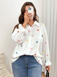 CosyJoli Chemise d'amour pour femmes grandes tailles, Top mignon, Top imprimé amour, chemise blanche décontractée, Top pour rendez-vous, hauts pour les vacations de la Saint-Valentin, hauts décontractés pour femmes, hauts mignons pour sortir, hauts décontractés pour femmes