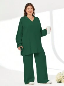 EURMUSE 2pcs/Set Solid Color Turn-Down Collar Sweater And Long Pants Outfit - Dark Green - View 4
