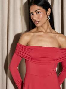 AiiRZ Elegant Off-Shoulder Long Sleeve Evening Dress With Ruched Neckline Asymmetrical Hem Party Cocktail Wedding Guest Formal Occasion Dress With Draped Detail