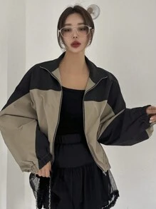 DAZY Women's Contrast Color Block Loose Stand Collar Jacket,Fall Clothes - Grey - View 1