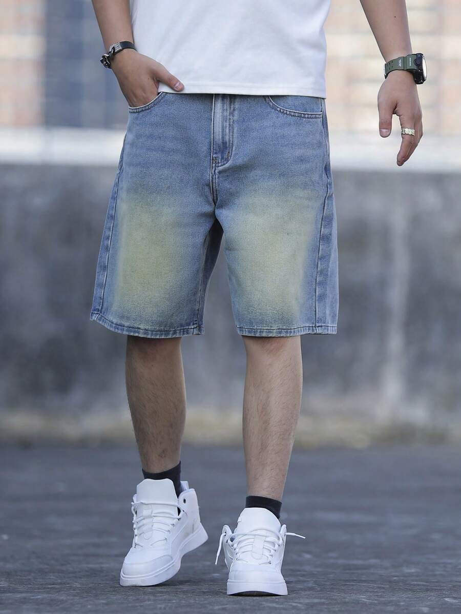 Manfinity Homme Men's Casual Pocket Plain Denim Shorts - Medium Wash - View 1