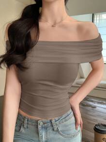 DAZY Camiseta ajustada de unicolor con hombros descubiertos para salir - Gris - Ver 2