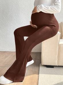 SHEIN Maternity Solid Color Casual Adjustable Slim Fit Pants - Coffee Brown - View 5