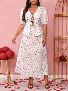 Franclia Plus Size Red Heart Pattern V-Neck Tie Waist Blouse And A-Line Long Skirt Set, Valentine's Day