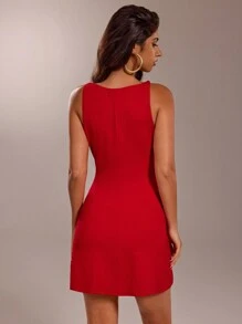 SHEIN Forever 21 女士纯色圆领无袖简约修身休闲短款连衣裙 - 紅色 - 查看 2