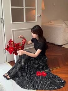 DAZY Women Polka Dot Chiffon Versatile Black & White Skirt Fall Skirts