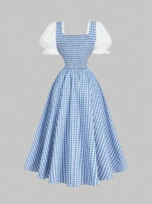 SHEIN MOD 复古蓝色格子拼接连衣裙，适合女性穿着，春季连衣裙，度假装，夏季装，西部风女装，乡村风装扮，海滩度假装，波西米亚风连衣裙，复活节连衣裙，复古富贵风