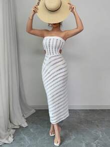 Chiquease 全新欧美风格海滩度假性感紧身简约时尚镂空半透明女士毛衣连衣裙，春夏 - 白色 - 查看 4