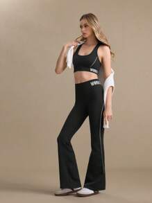 Eassivo Eassivo Letter Print Seamless Tank Top And Leggings Sports Outfit - Black and White - View 1