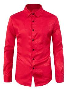 Manfinity Mode Men's Solid Color Front Button Long Sleeve Casual Top For Everyday Wear - Red - View 3