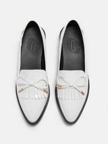 CUCCOO CURVES Plus Size Wide Fit Wedge Thick Bottom Shoes, Pointed Toe Solid Color High Vamp Fringe Shoes, British Style Women Shoes - White - View 2