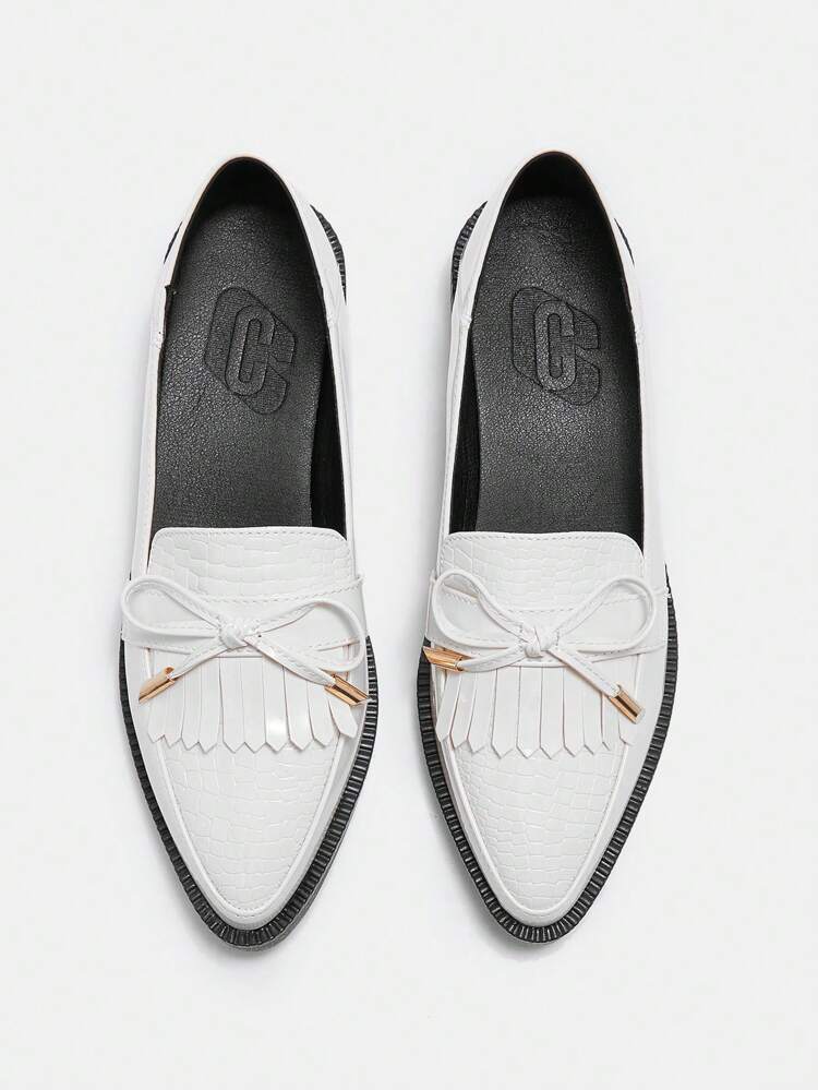 CUCCOO CURVES Plus Size Wide Fit Wedge Thick Bottom Shoes, Pointed Toe Solid Color High Vamp Fringe Shoes, British Style Women Shoes