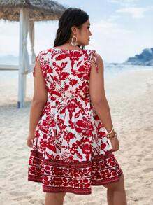 SHEIN VCAY Summer Beach Shoulders Tunnel Drawstring Plus Size Boho Striped & Flower Print Ruffle Hem Woman Dress, Beach Outfits For Woman Beach Vacation Outfits, Spring Outfits For Women, Summer Outfits For Women, Graphic Outfits Women, Concert Outfit Women, Rave Outfits Festival - Red - View 2