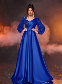 Glamrae Váy Maxi Satin Vá Đính Hạt Dài Tay Thanh Lịch Với Thắt Lưng Có Thể Tháo Rời, Váy Dự Tiệc Cưới, Thích Hợp Cho Đám Cưới, Tiệc Tùng, Kỳ Nghỉ, Tốt Nghiệp, Dạ Hội, Mẹ Cô Dâu, Váy Trang Trọng, Váy Dạ Hội, Váy Áo - Xanh đậm - Xem 7