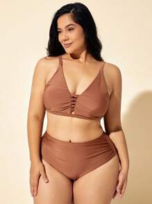 SHEIN Swim Curve Plus Size Women Twist Front Swimming Costume Summer Beach Vacation Bikini Set - Brown - View 6