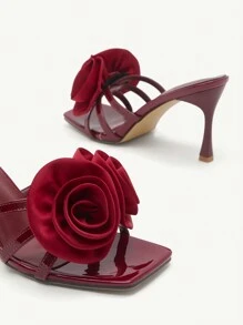 CUCCOO CHICEST 2pcs Rose Decor Strappy Square Toe Stiletto Heel Elegant Romantic Sweet Wine Red Women's High Heel Sandals, Suitable For Dates, Afternoon Tea, Gatherings, Party, Valentine's Day, Evening Banquet, Wedding, Formal Dress Spring Shoes Spring Break Easter