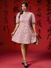SHEIN LUNE 大码女式农历新年中式 A 字形连衣裙 - 粉色 - 查看 3