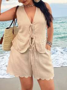 SHEIN VCAY Plus Size Solid Color Vest & Shorts Two-Piece Set For Vacation, Lounge Sets For Women, Casual Beach Outfit Airport Business Casual Summer Sets - Apricot - View 4