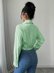 Elenzga Women Casual Striped Cropped Ruched Long Sleeve Shirt, Spring - Green - View 2