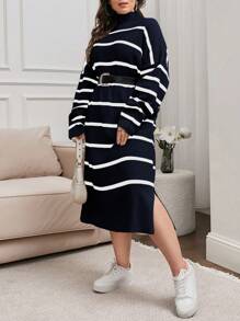 EURMUSE Plus Striped Drop Shoulder Sweater Dress For Autumn & Winter - Navy Blue - View 4