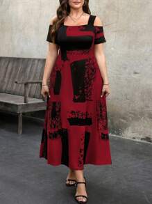 EMERY ROSE Plus Size Women Knit Slim Fit Long Printed Hollow Short Sleeve Square Neck Dress - Burgundy - View 4