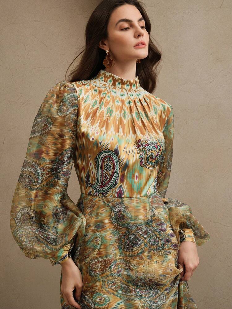 Women's Elegant Lantern Sleeve Fitted Bohemian Floral Print Dress For Holiday, Spring Luxury Dress For Women Multicolor Dress Women Dresses Boho