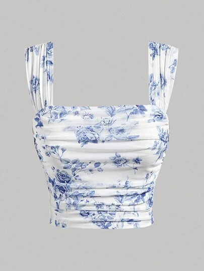 SHEIN Girlism Tween Girl 优雅方领蓝白花卉印花褶皱宽肩带褶皱侧背心