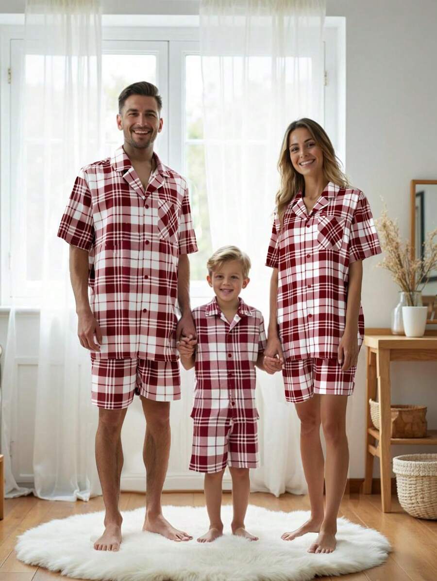 女士红色经典格子短袖短裤两件套睡衣套装，现代时尚 - 紅色 - 查看 1