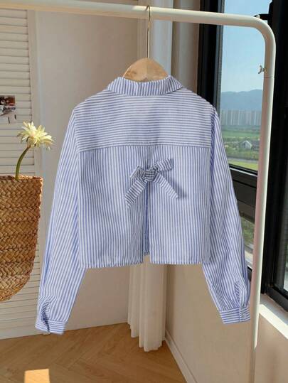 SHEIN Tween 女童度假休闲蝴蝶结后背条纹衬衫