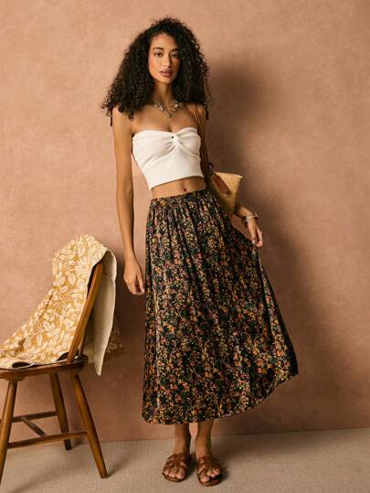 Poéselle Falda dividida con estampado floral diminuto, estilo boho de Cottagecore, estampado vintage