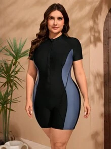Swim SPRTY Plus Size Women Color-Block Zip-Up Half Placket Short Sleeve Rash Guard Rashguard, For Summer Beach Vacation