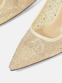 CUCCOO HITCHD 女士水钻蕾丝尖头细高跟中跟优雅闪亮淑女高跟鞋，香槟色/黄色蕾丝网眼婚礼新娘高跟鞋，适合婚礼、派对、约会之夜、优雅装扮 - 杏色 - 查看 10