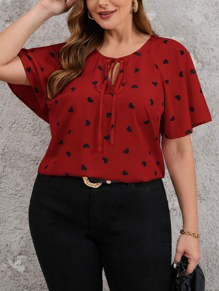 Reflora Plus Size Ruffle Heart Decor Summer Shirts, Casual And Fashionable For Daily Wear - Burgundy - View 1