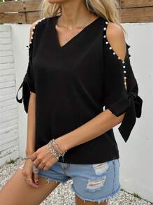 INAWLY Damen Herbst elegante schulterfreie Bluse mit Kunstperlen Dekor