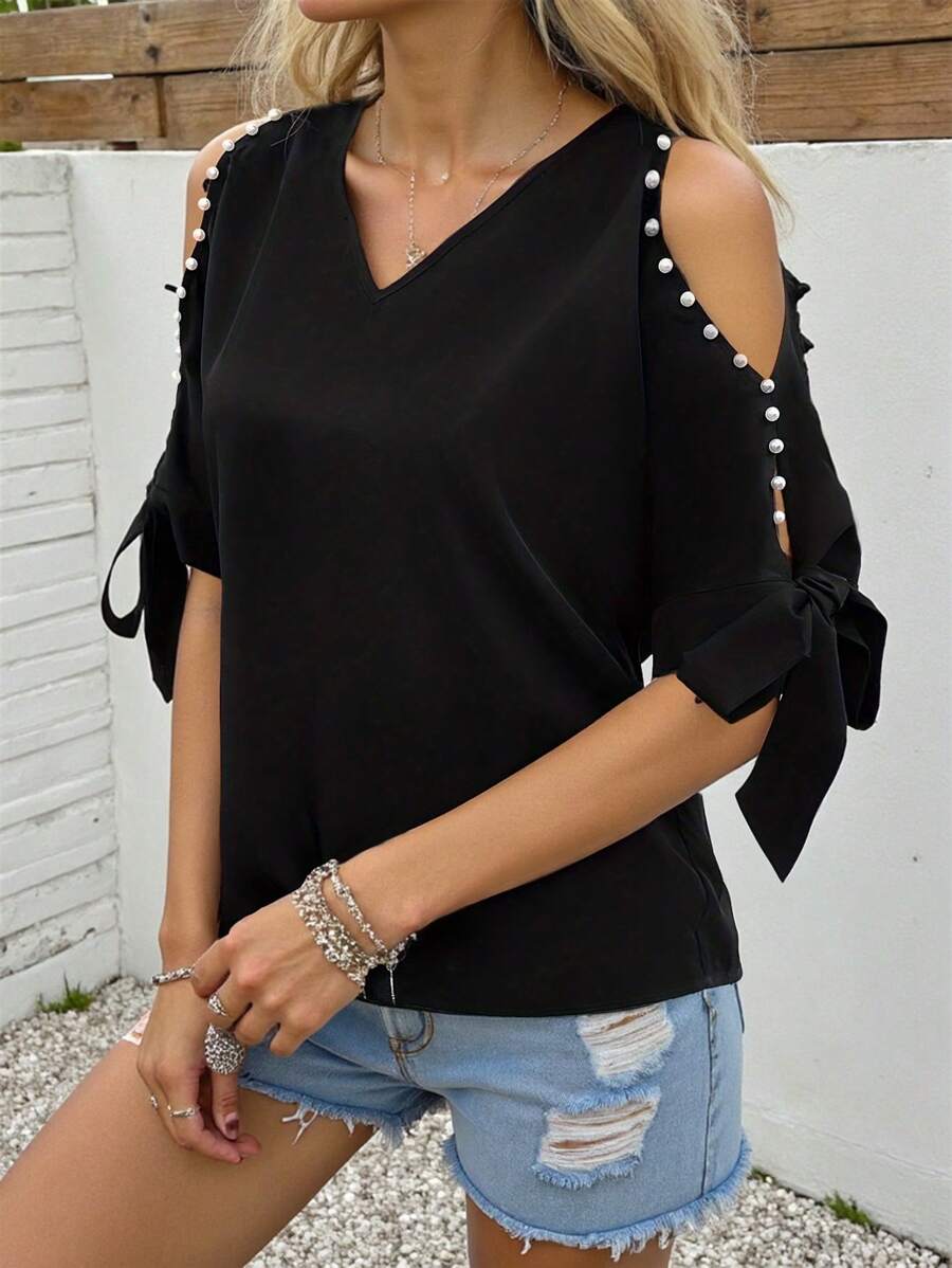 INAWLY Damen Herbst elegante schulterfreie Bluse mit Kunstperlen Dekor