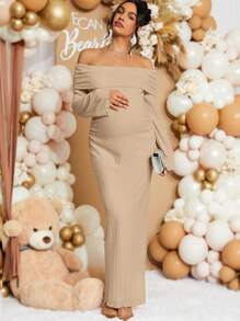 Loomaby Off Shoulder Knitted Elegant Maternity Maxi Dress - Khaki - View 1
