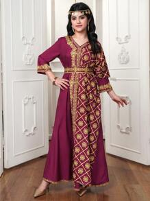 V-Neck Retro Print Dress & Scarf Set For Teen Girls - Purple - View 7