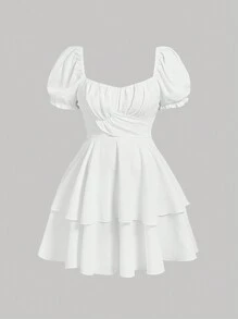 SHEIN MOD Summer Solid Color Sweetheart Neck Bowknot Tie Back Puff Sleeve Mini Dress,Graduation Dress,Birthday Dresses For Women - White - View 1
