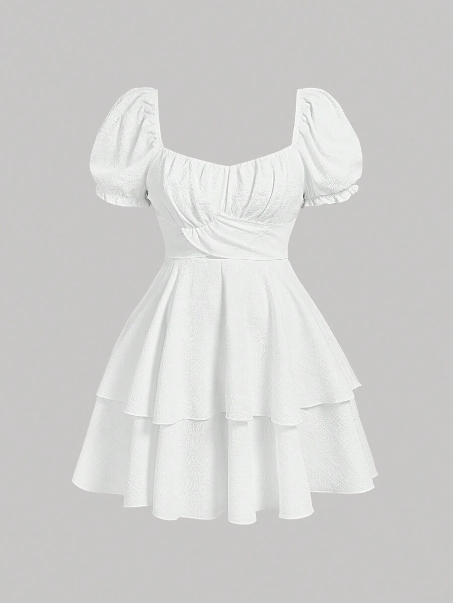 SHEIN MOD Summer Solid Color Sweetheart Neck Bowknot Tie Back Puff Sleeve Mini Dress,Graduation Dress,Birthday Dresses For Women - White - View 1