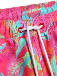 Manfinity KASUA Men's Tropical Plant Print Drawstring Waist Beach Shorts Men Swim Trunks,Hawaiian - Hot Pink - View 4