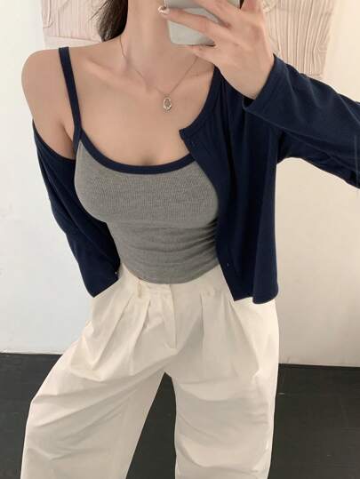 DAZY 2 件女士休闲撞色装饰吊带背心和纯色长袖上衣套装，秋季女装