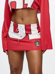 SUMWON WOMEN Retro Sports Team Jersey Mini Skirt With High Waist Drawstring Design, Athletic Style Short Skirt With Logo Badge, Perfect For Cheerleader Costume Party Dance Team Spirit Wear UniForm - Red - View 4